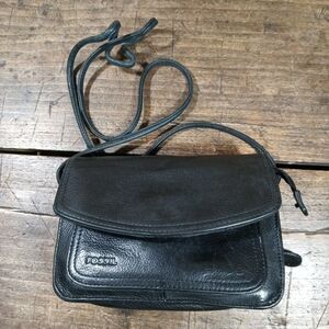 Vintage Fossil Purse Leather Black Shoulder Bag Pockets